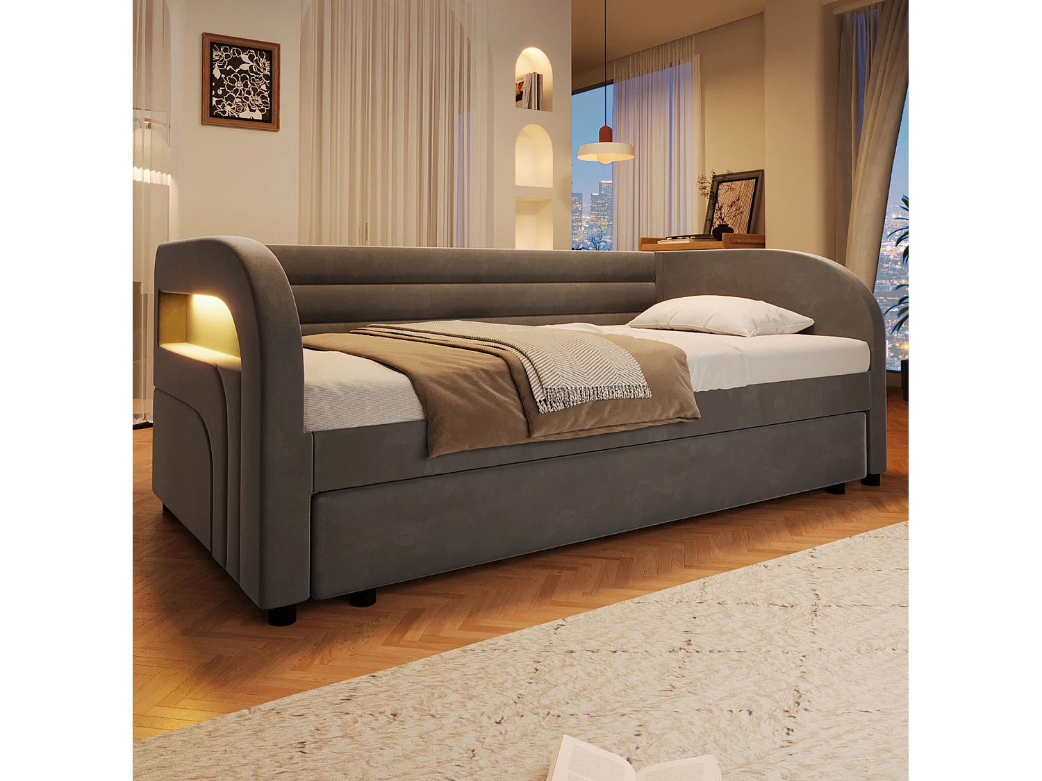 Lit banquette enfant LED 90x200 avec lit gigogne 90x190 cm - Tissu gris