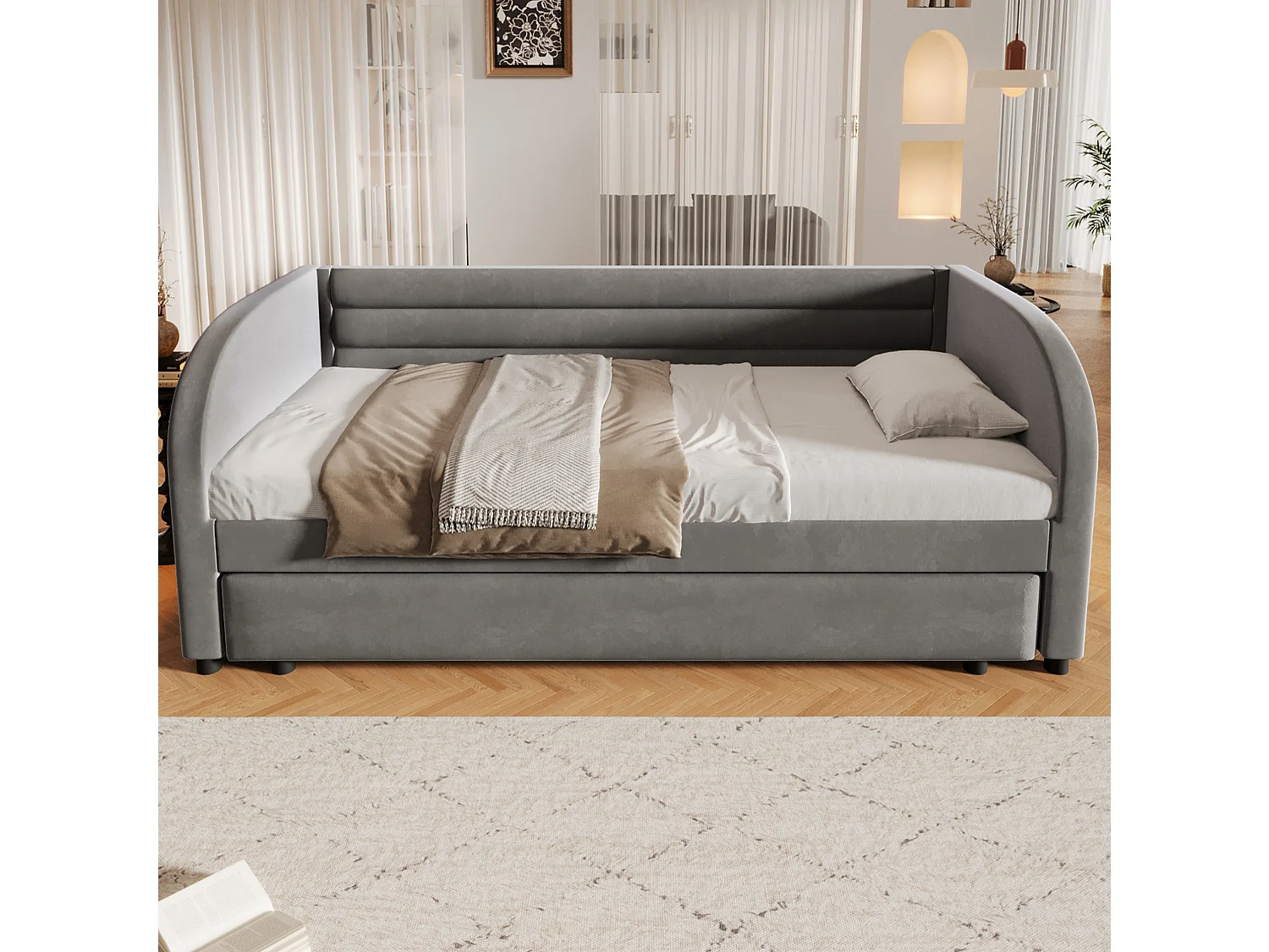 Lit banquette enfant LED 90x200 avec lit gigogne 90x190 cm - Tissu gris