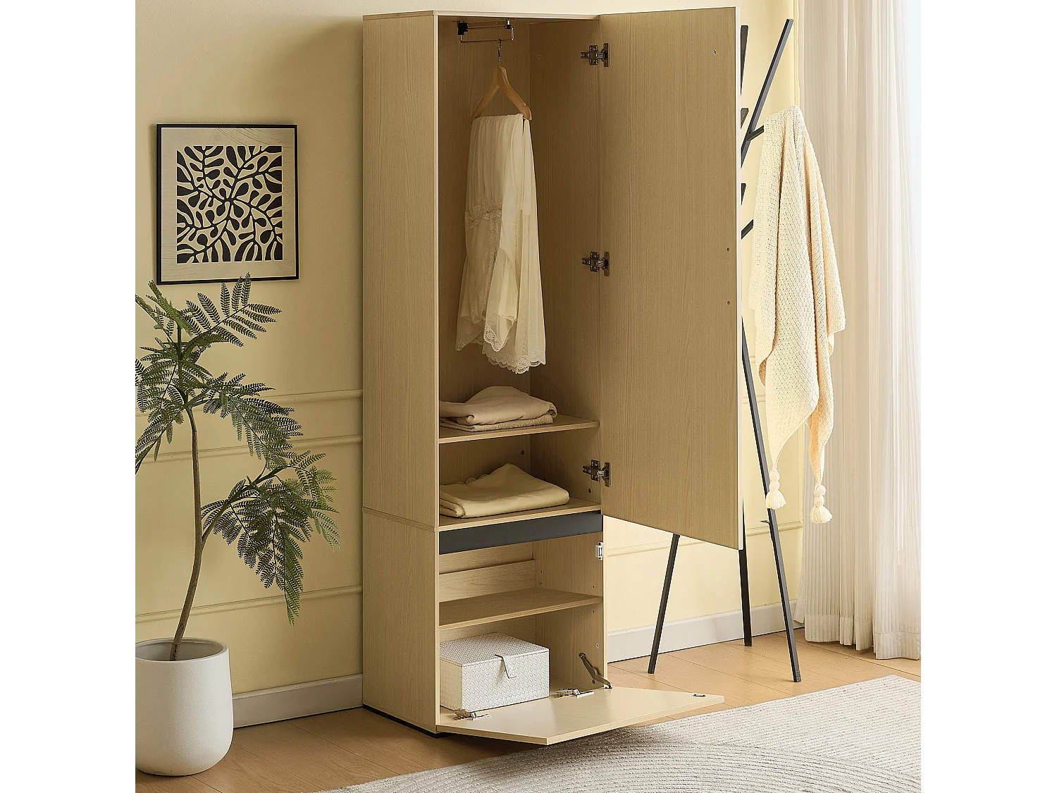 Armoire étroite avec miroir et tringle extensible – Naturel clair