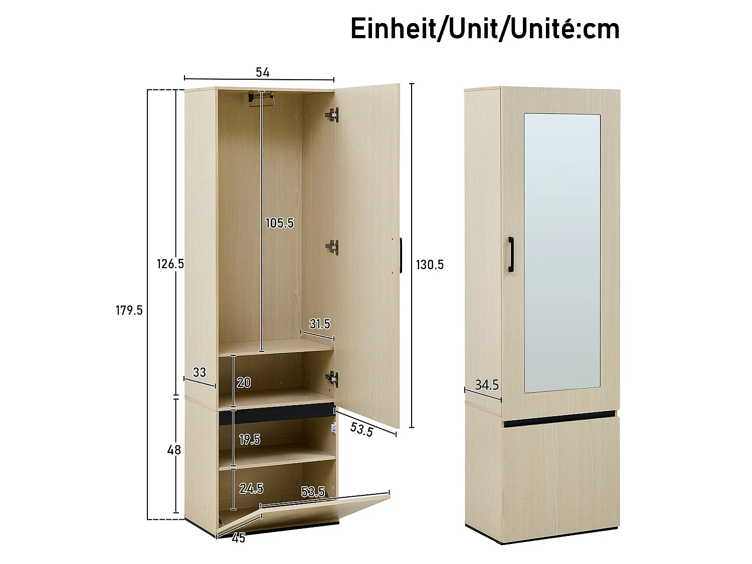 Armoire étroite avec miroir et tringle extensible – Naturel clair