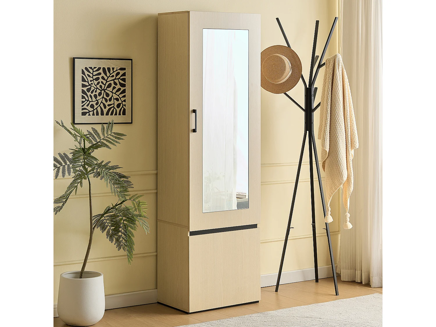 Armoire étroite avec miroir et tringle extensible – Naturel clair