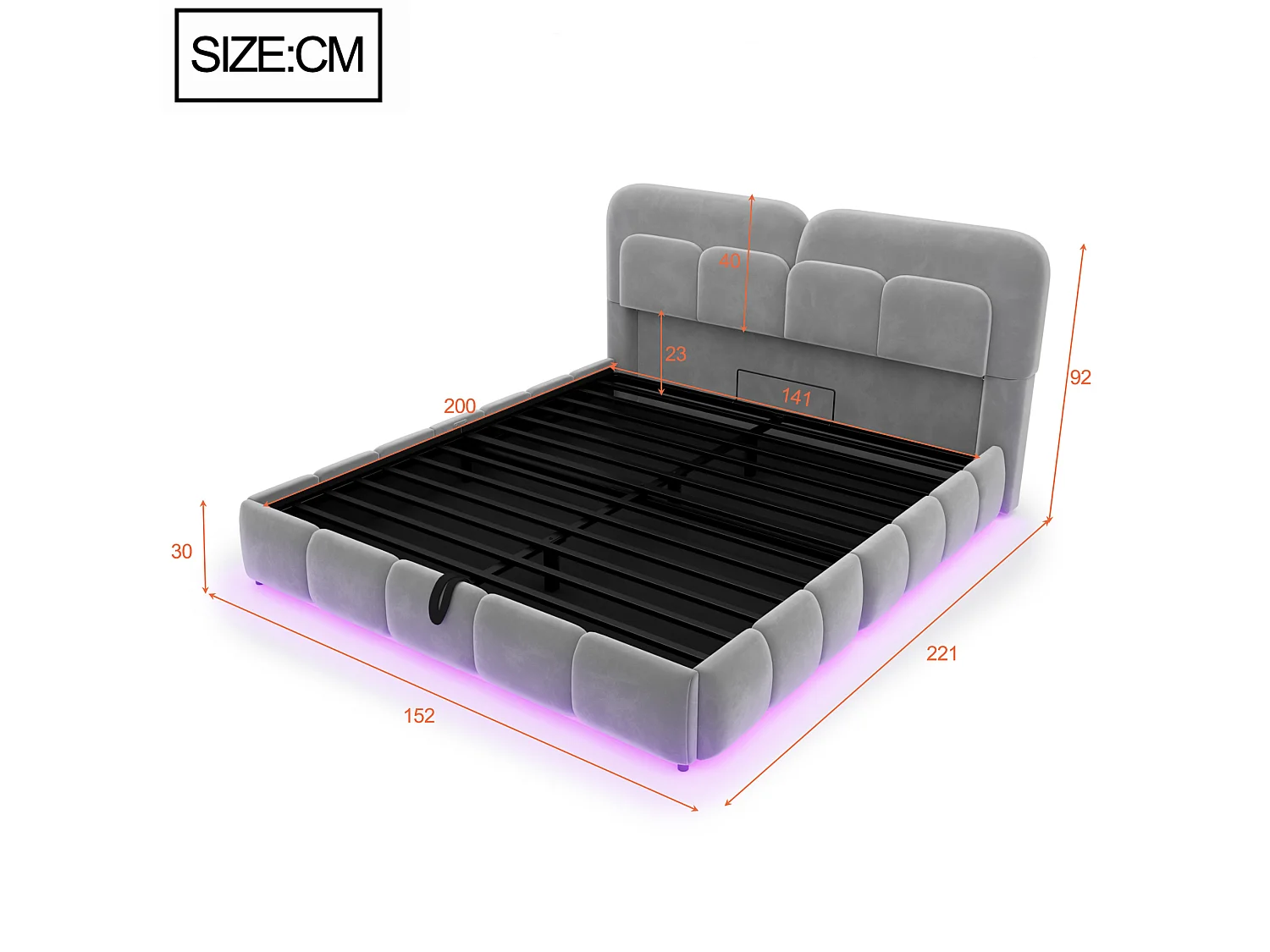 Letto contenitore per adulti 140 x 200 cm in velluto con illuminazione a LED - Grigio