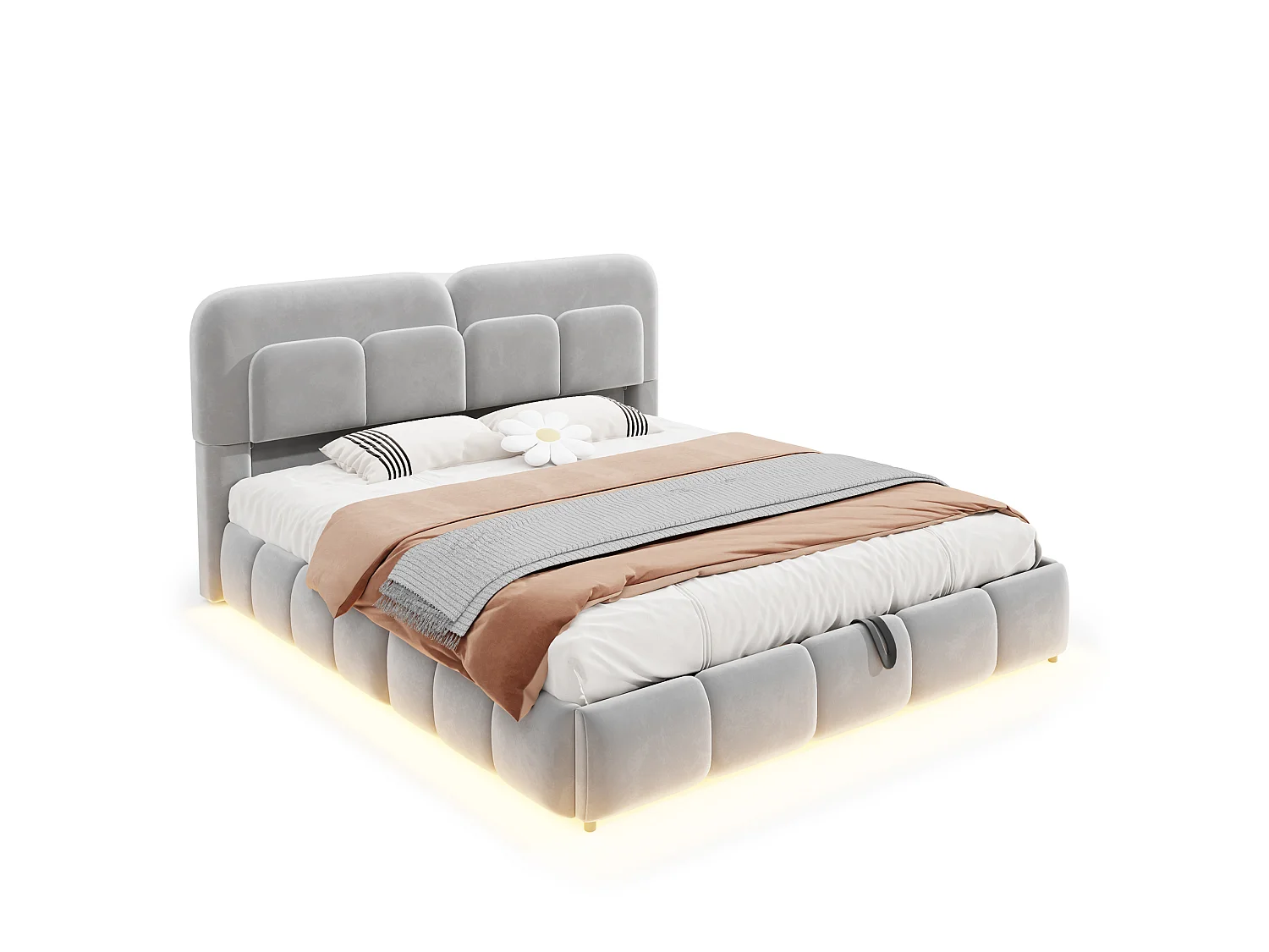 Letto contenitore per adulti 140 x 200 cm in velluto con illuminazione a LED - Grigio