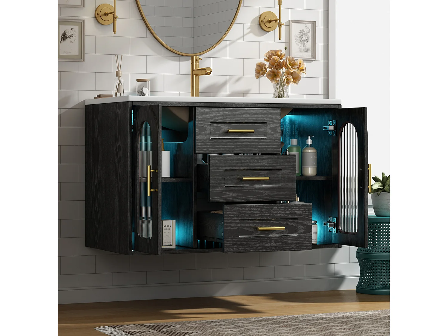 Mobile bagno sospeso da 76 cm con lavabo a incasso – 3 cassetti e 2 ante – Nero