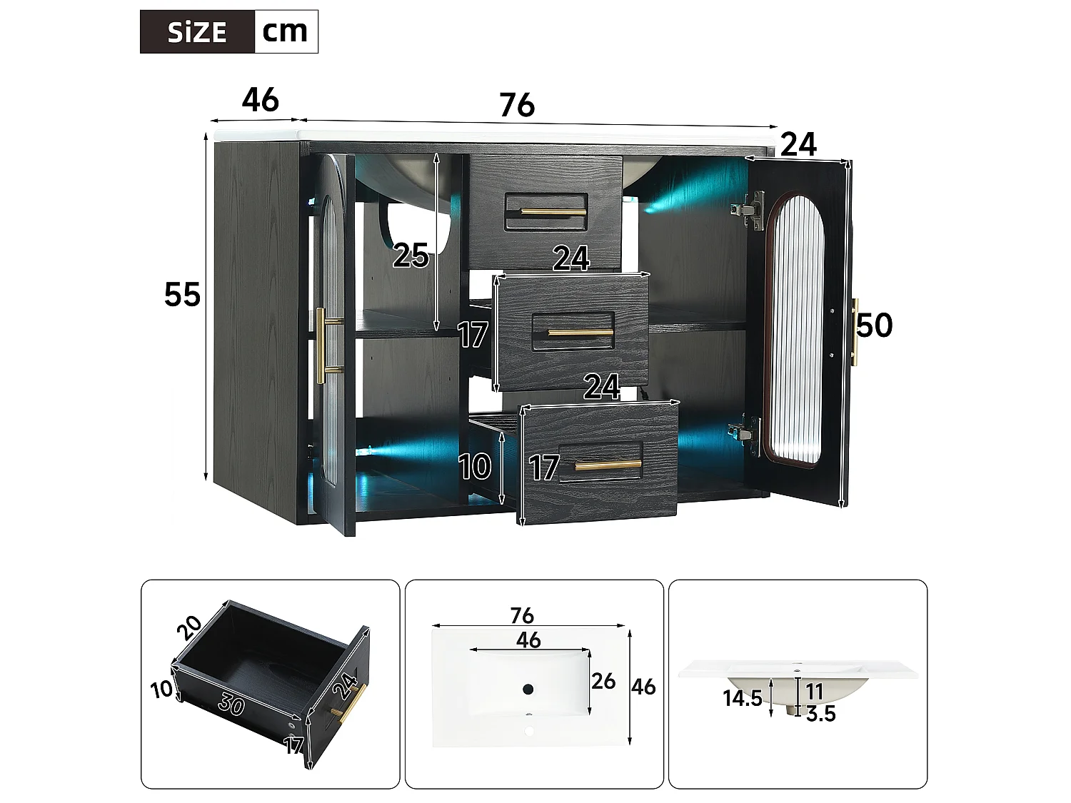 Mobile bagno sospeso da 76 cm con lavabo a incasso – 3 cassetti e 2 ante – Nero