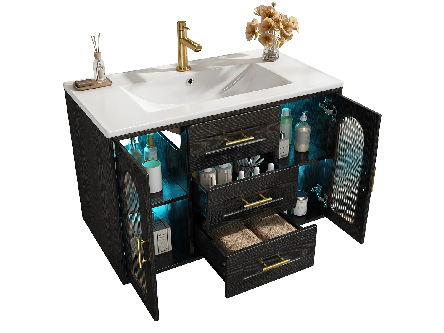 Mobile bagno sospeso da 76 cm con lavabo a incasso – 3 cassetti e 2 ante – Nero