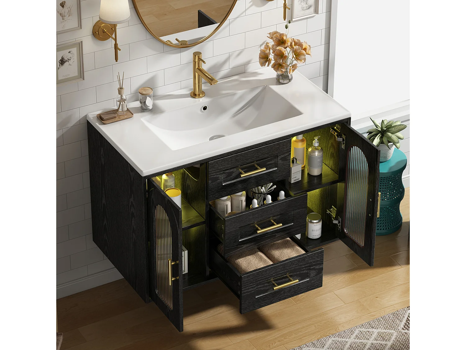 Mobile bagno sospeso da 76 cm con lavabo a incasso – 3 cassetti e 2 ante – Nero