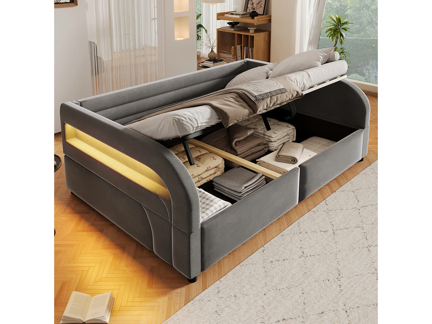 Lit coffre adulte 140x200 cm avec éclairage LED - Gris
