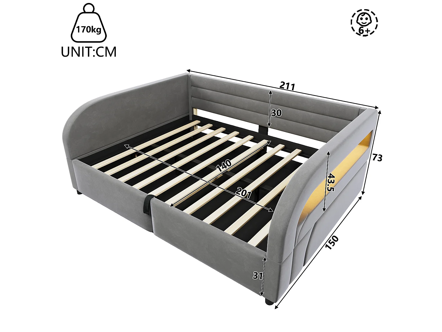 Lit coffre adulte 140x200 cm avec éclairage LED - Gris