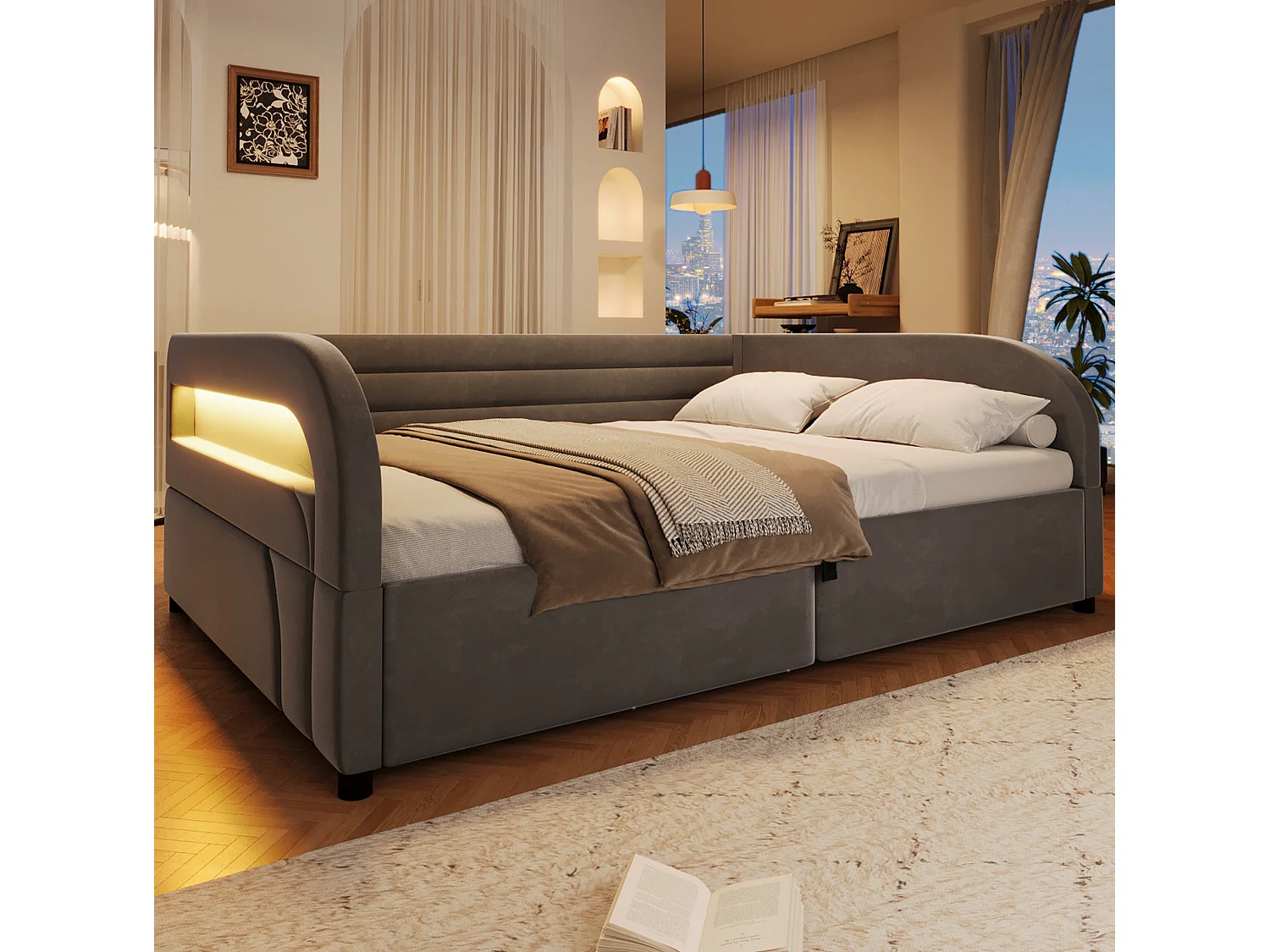 Lit coffre adulte 140x200 cm avec éclairage LED - Gris