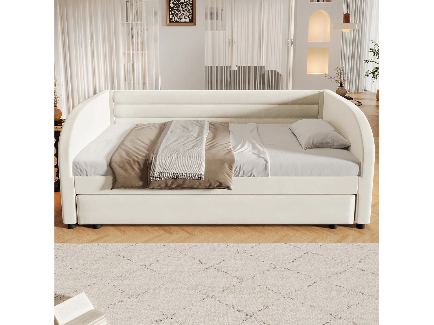 Lit banquette enfant LED 90x200 avec lit gigogne 90x190 cm - Tissu beige