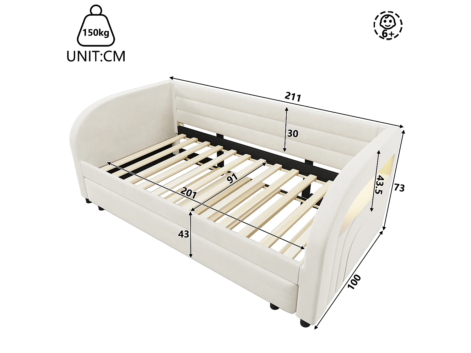 Lit banquette enfant LED 90x200 avec lit gigogne 90x190 cm - Tissu beige