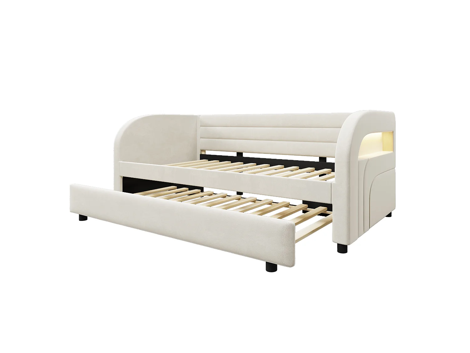 Lit banquette enfant LED 90x200 avec lit gigogne 90x190 cm - Tissu beige
