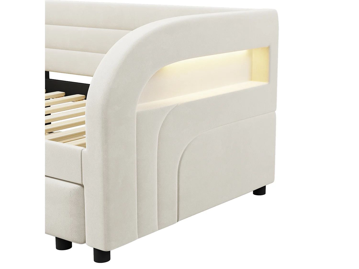 Lit banquette enfant LED 90x200 avec lit gigogne 90x190 cm - Tissu beige