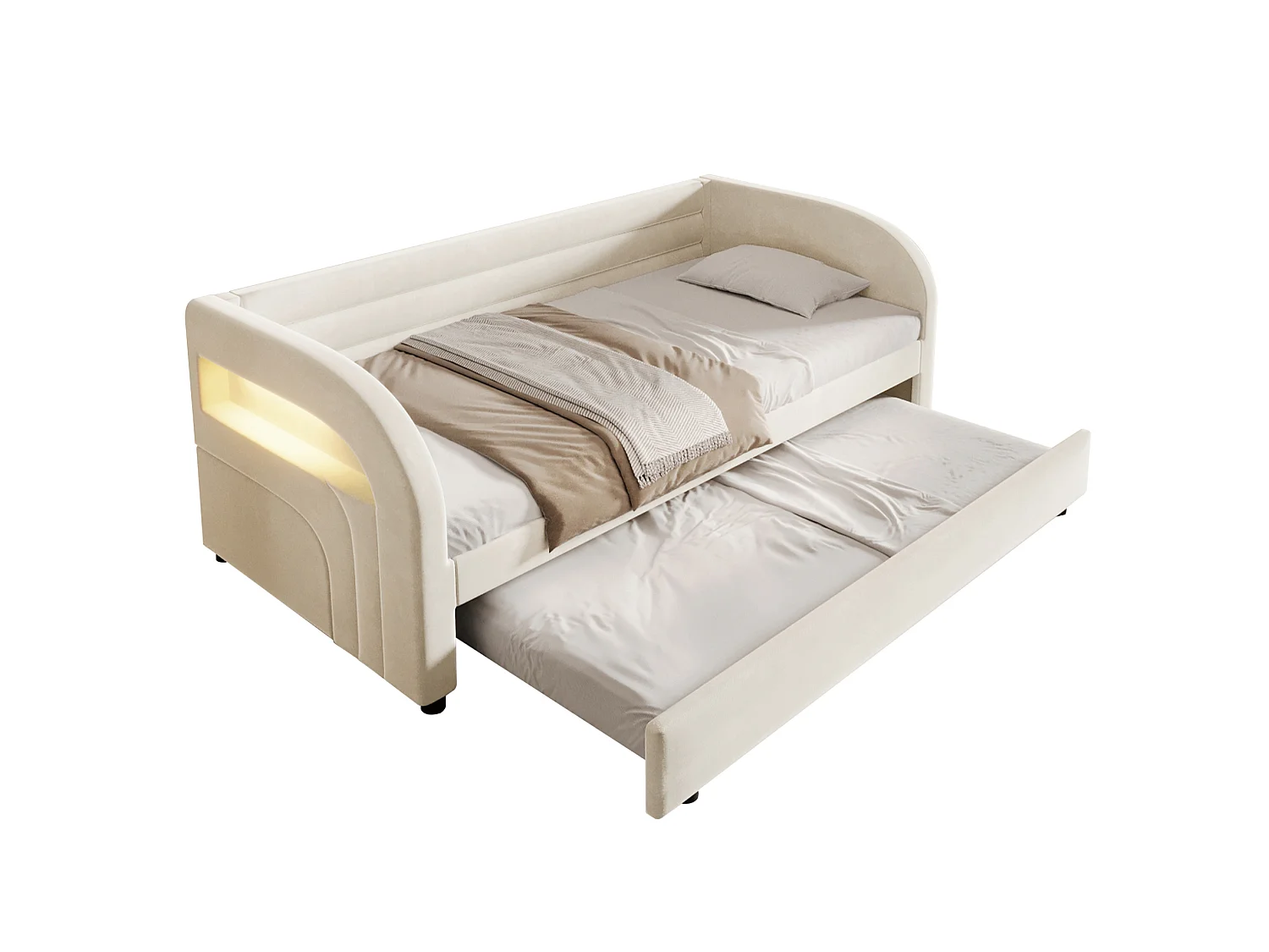 Lit banquette enfant LED 90x200 avec lit gigogne 90x190 cm - Tissu beige
