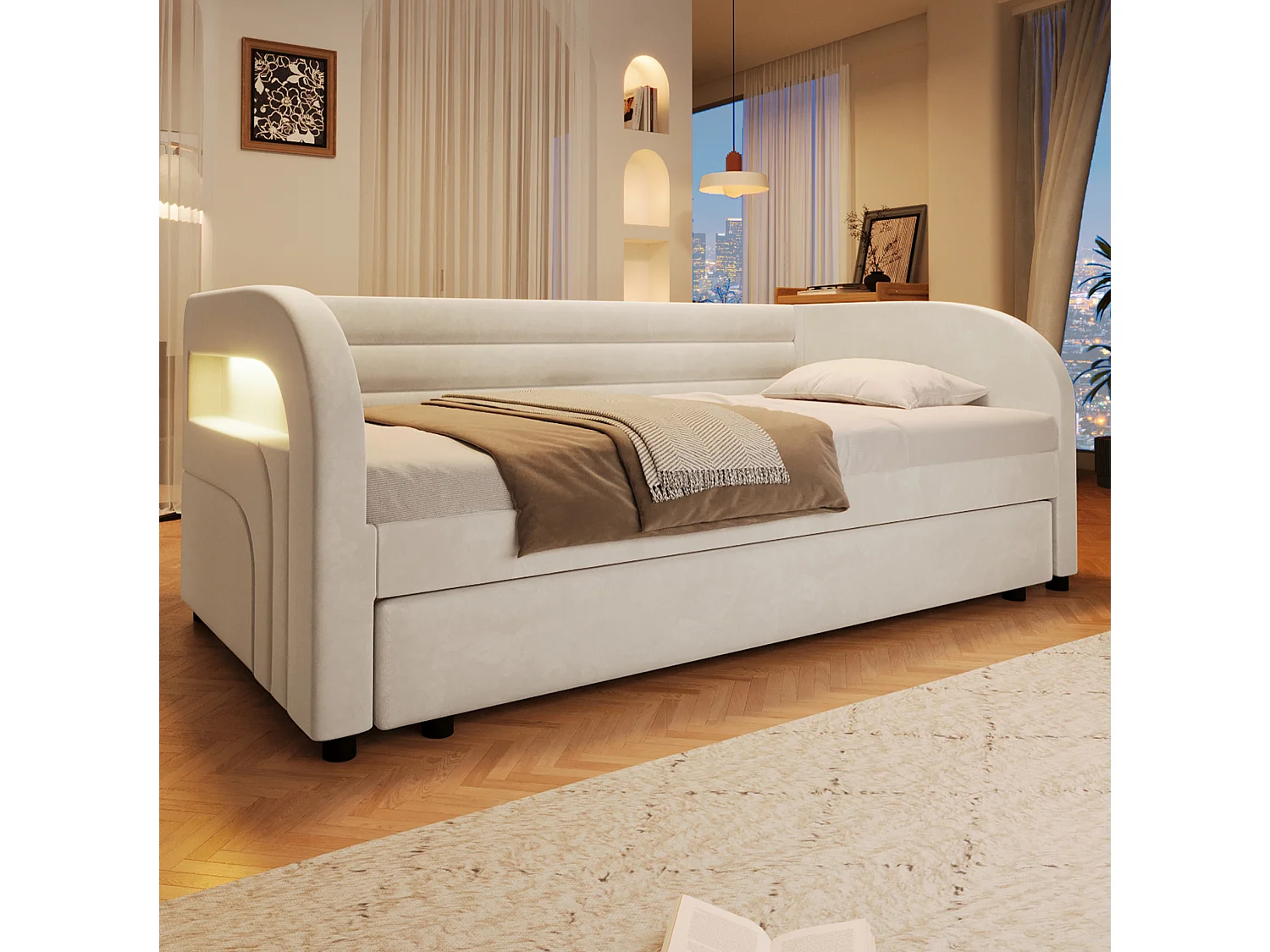 Lit banquette enfant LED 90x200 avec lit gigogne 90x190 cm - Tissu beige