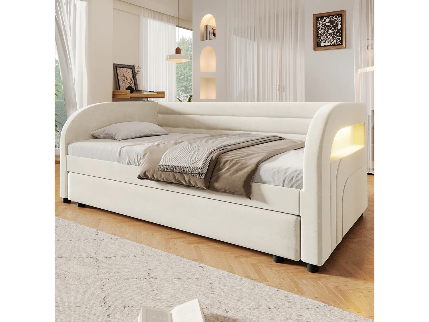 Lit banquette enfant LED 90x200 avec lit gigogne 90x190 cm - Tissu beige