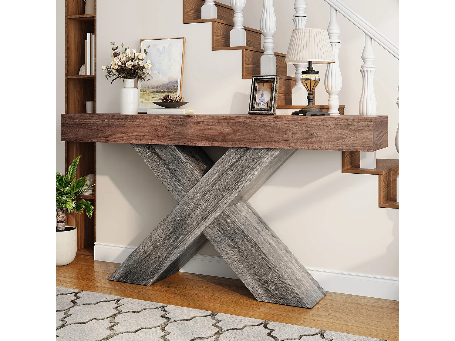 Mesa consola com pés em X - Aparência em madeira - Castanho e madeira