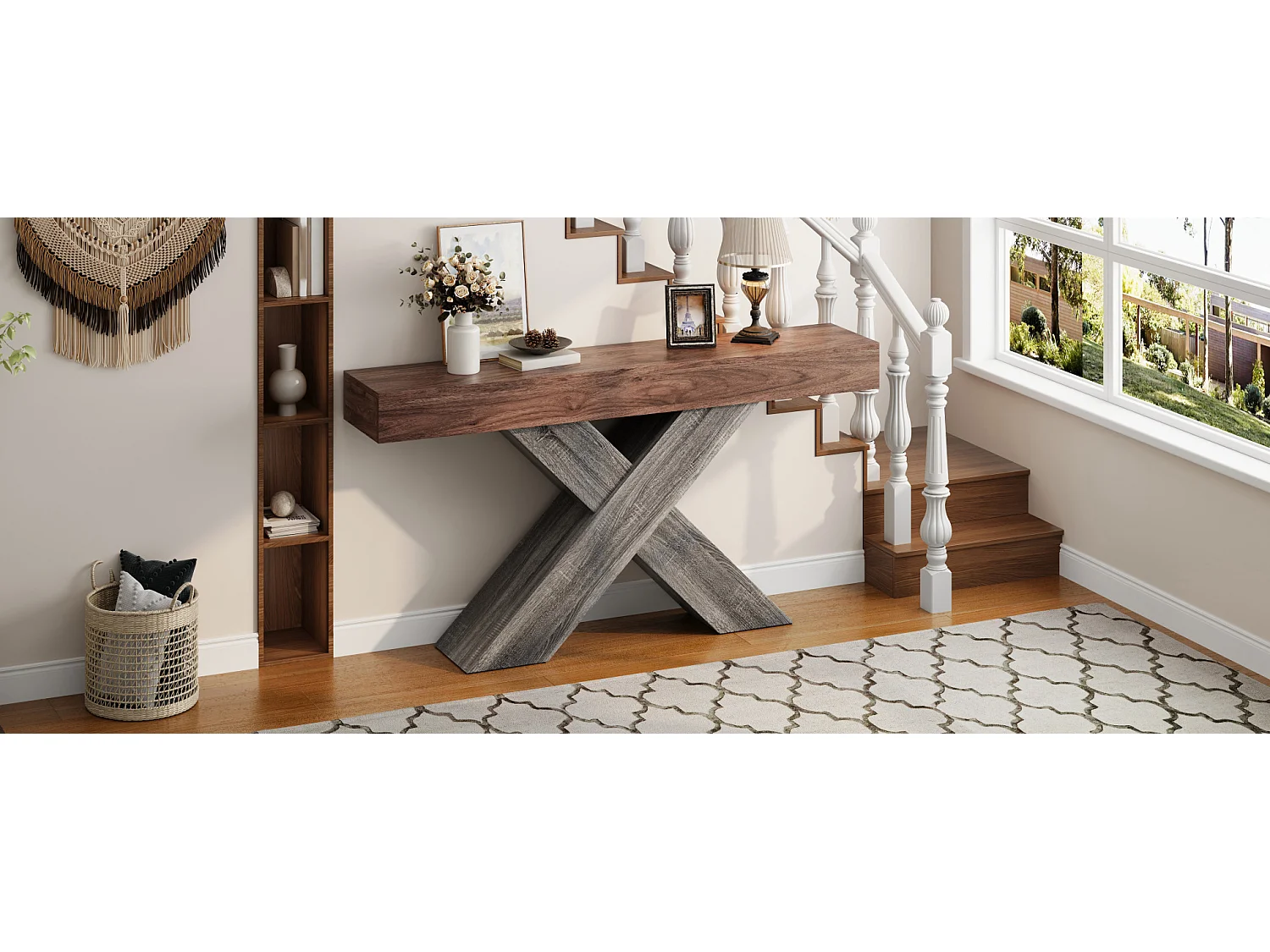Mesa consola com pés em X - Aparência em madeira - Castanho e madeira