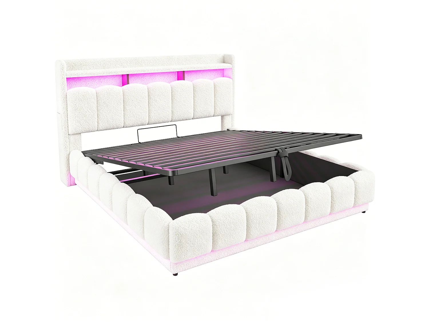 Opbergbed voor volwassenen 180 x 200 cm met LED-verlichting en USB-poort - Tweepersoonsbed in witte stof