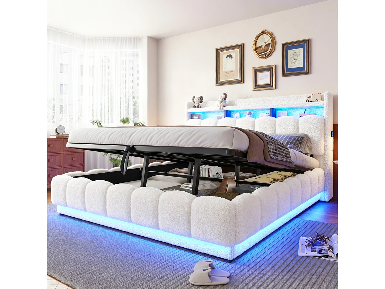 Opbergbed voor volwassenen 180 x 200 cm met LED-verlichting en USB-poort - Tweepersoonsbed in witte stof