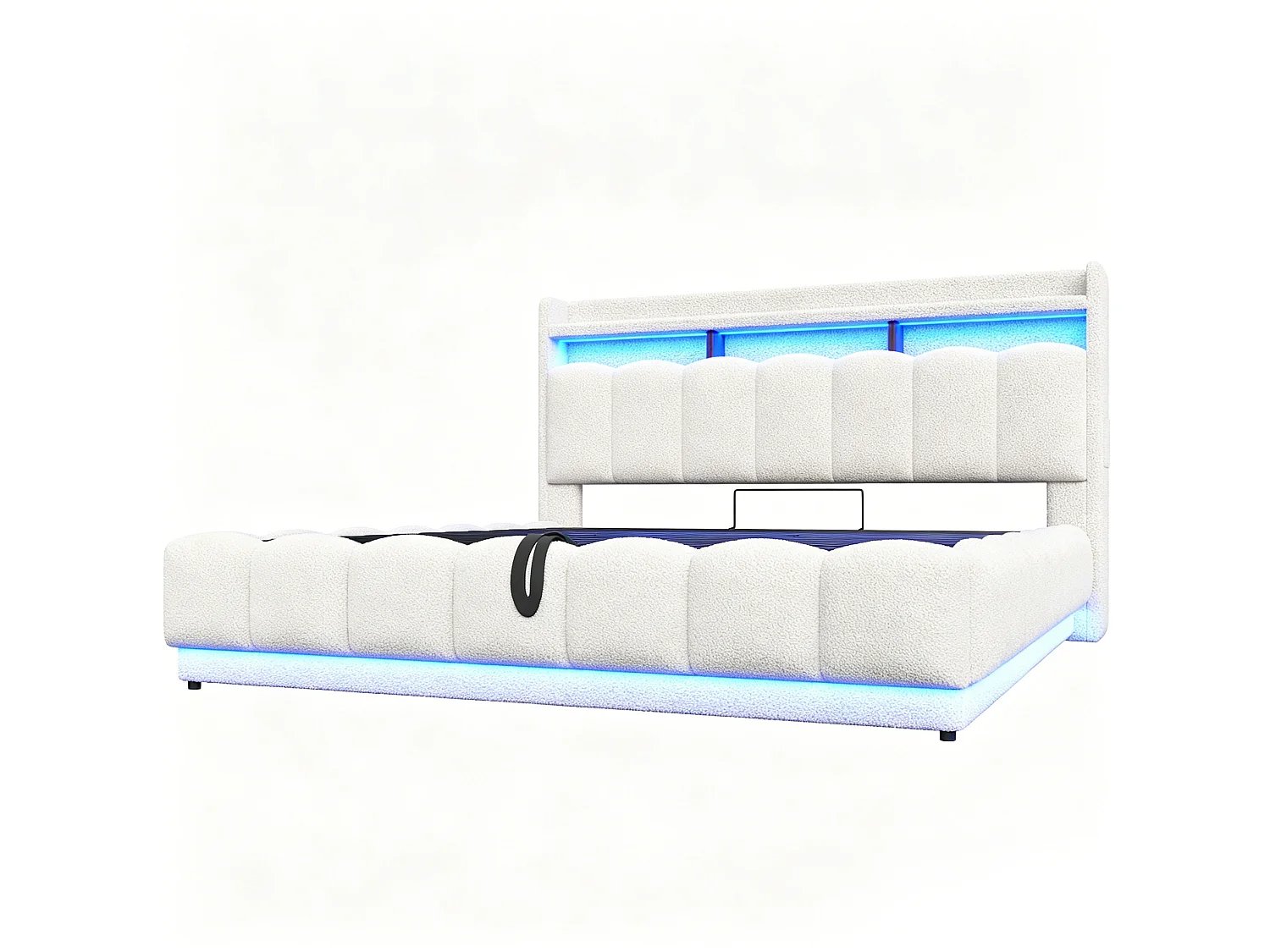 Opbergbed voor volwassenen 180 x 200 cm met LED-verlichting en USB-poort - Tweepersoonsbed in witte stof