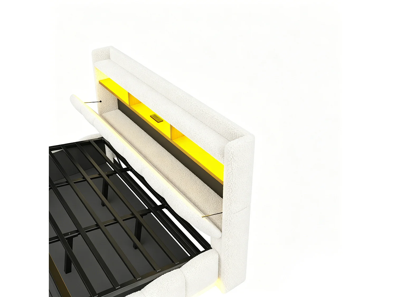 Opbergbed voor volwassenen 180 x 200 cm met LED-verlichting en USB-poort - Tweepersoonsbed in witte stof