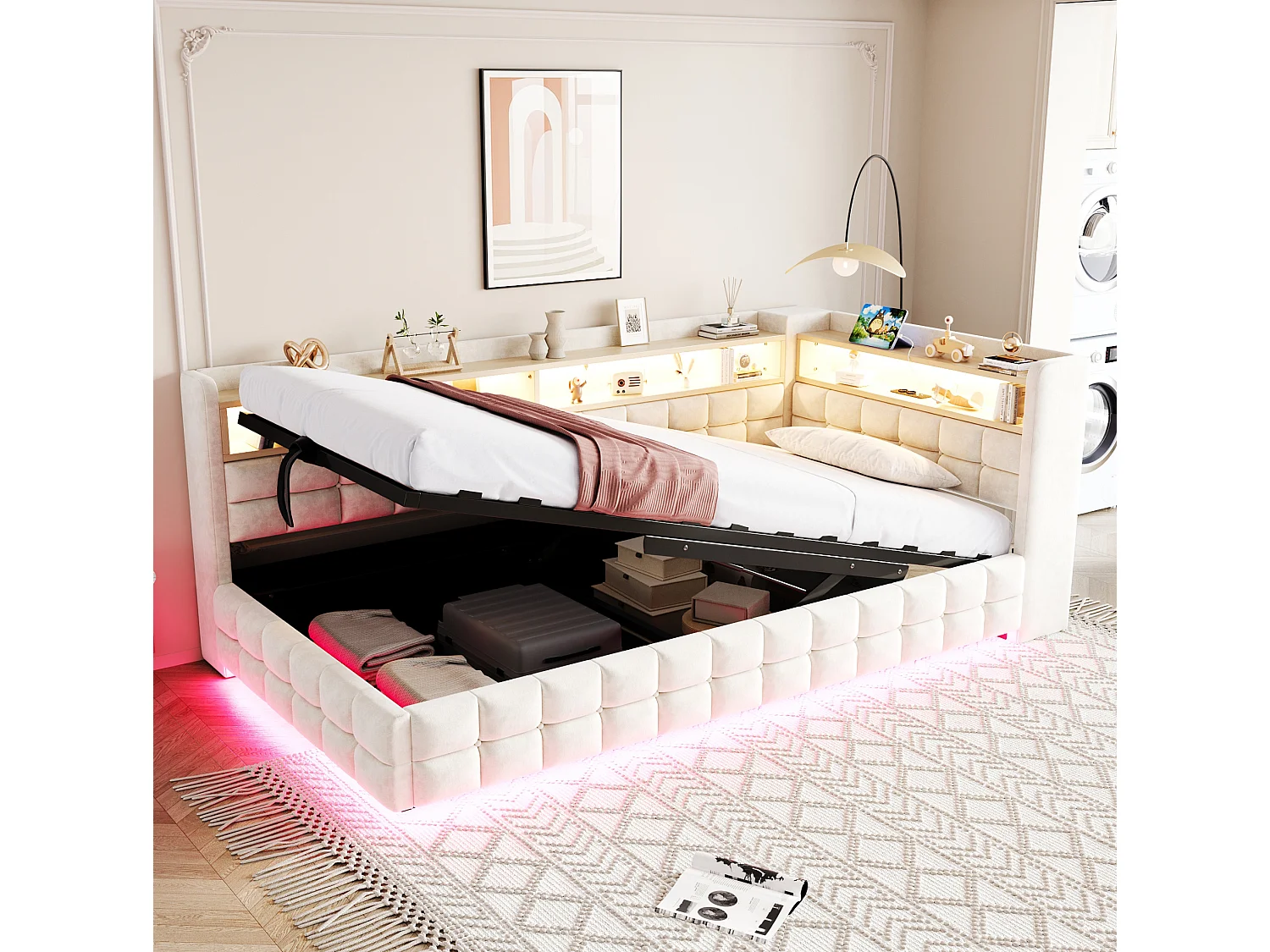 Letto contenitore per bambini 90x200 cm in velluto con illuminazione a LED e presa di corrente - Beige