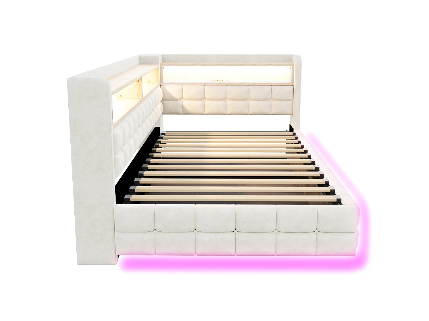 Letto contenitore per bambini 90x200 cm in velluto con illuminazione a LED e presa di corrente - Beige