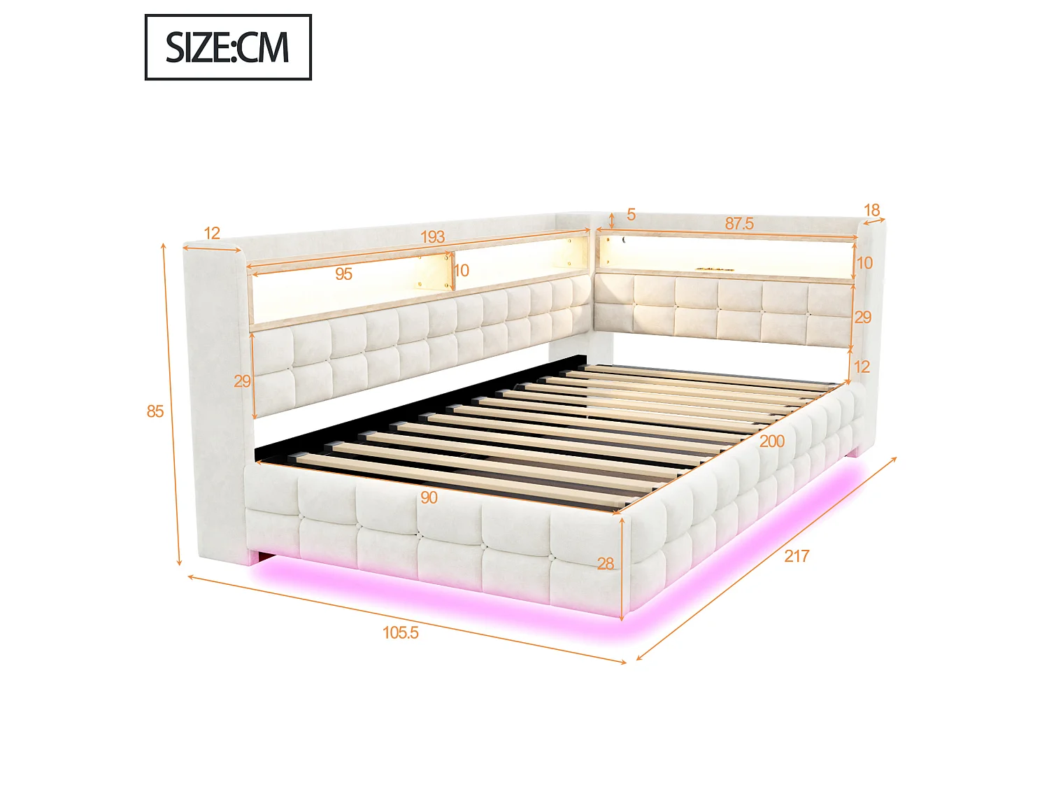 Letto contenitore per bambini 90x200 cm in velluto con illuminazione a LED e presa di corrente - Beige