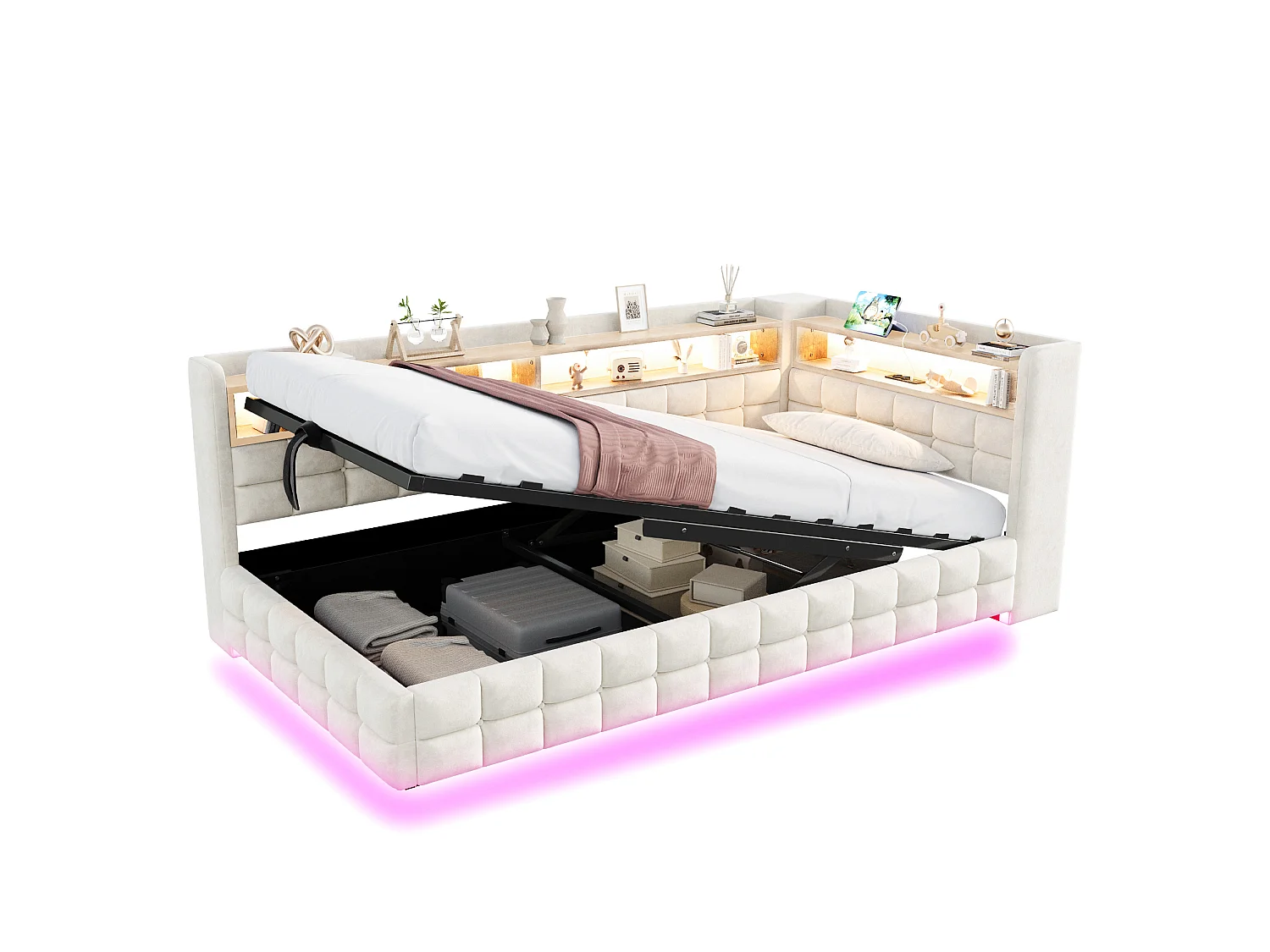 Letto contenitore per bambini 90x200 cm in velluto con illuminazione a LED e presa di corrente - Beige
