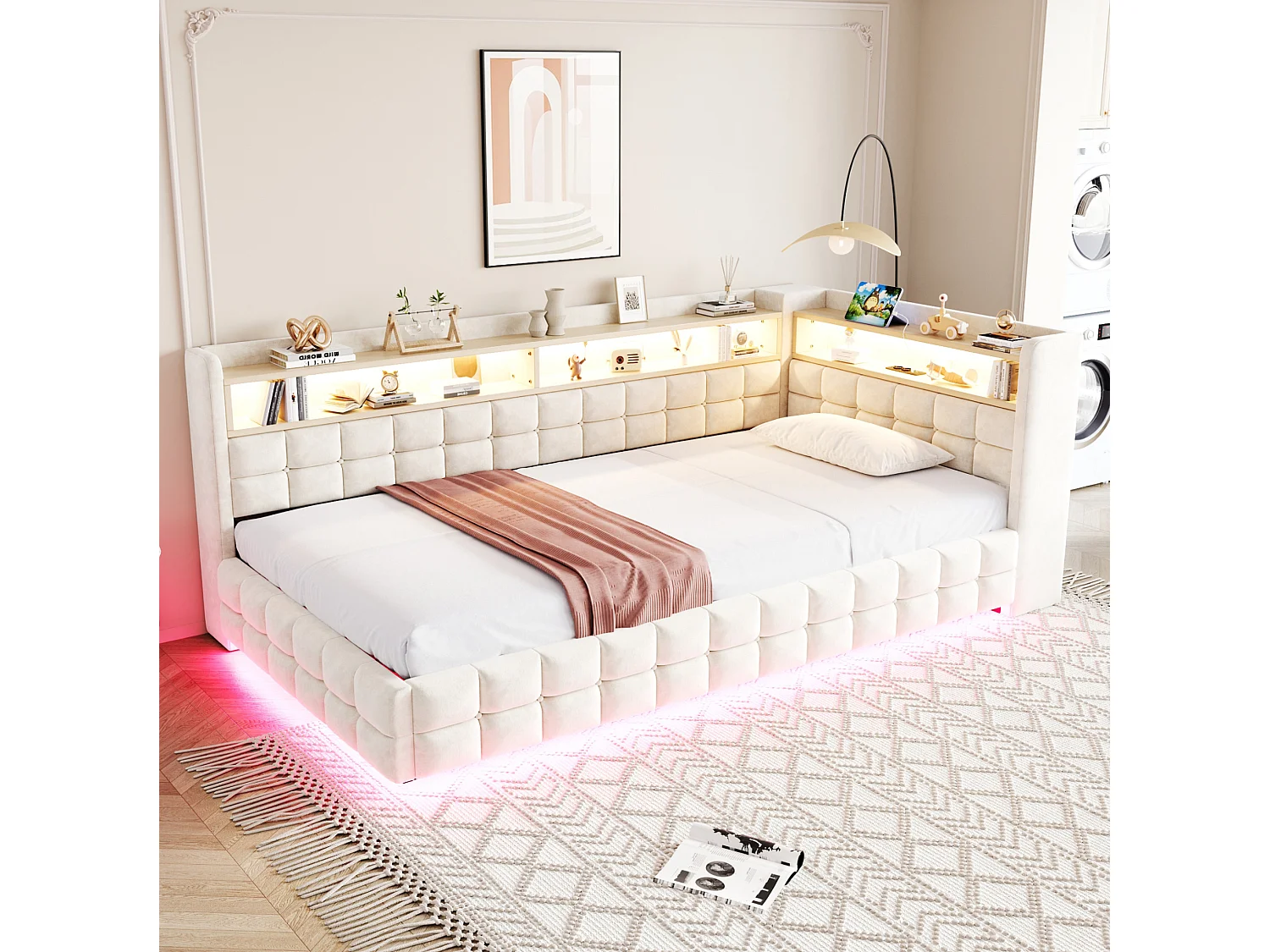 Letto contenitore per bambini 90x200 cm in velluto con illuminazione a LED e presa di corrente - Beige
