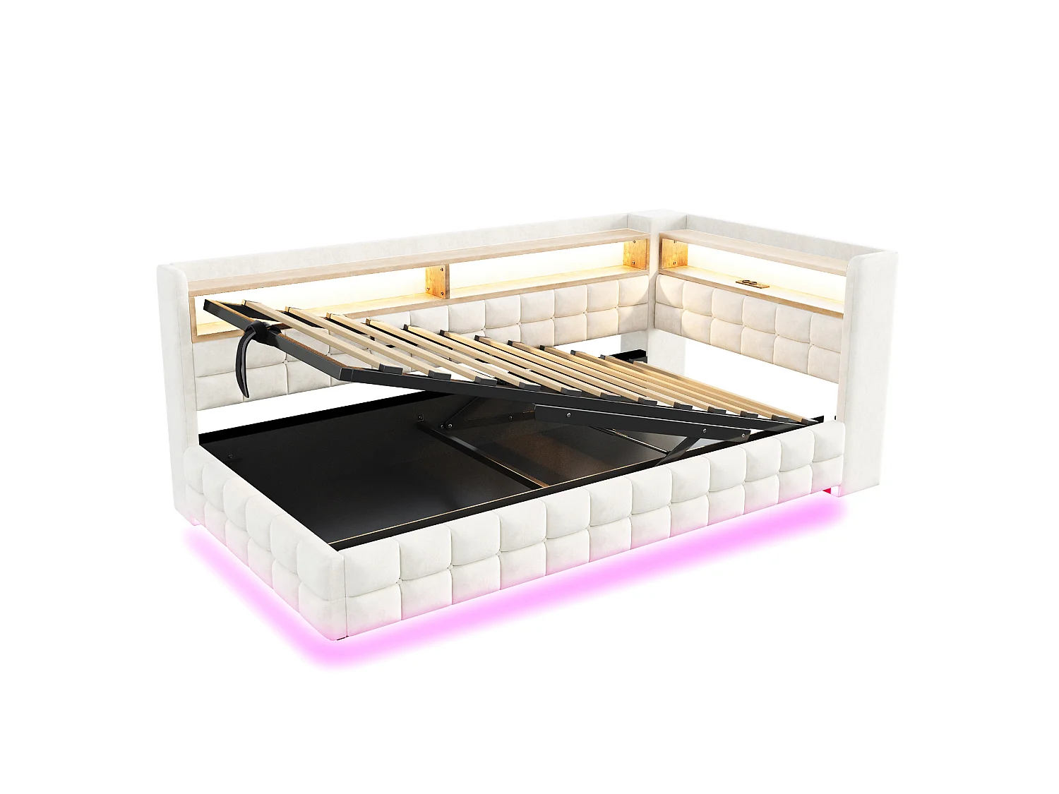Letto contenitore per bambini 90x200 cm in velluto con illuminazione a LED e presa di corrente - Beige