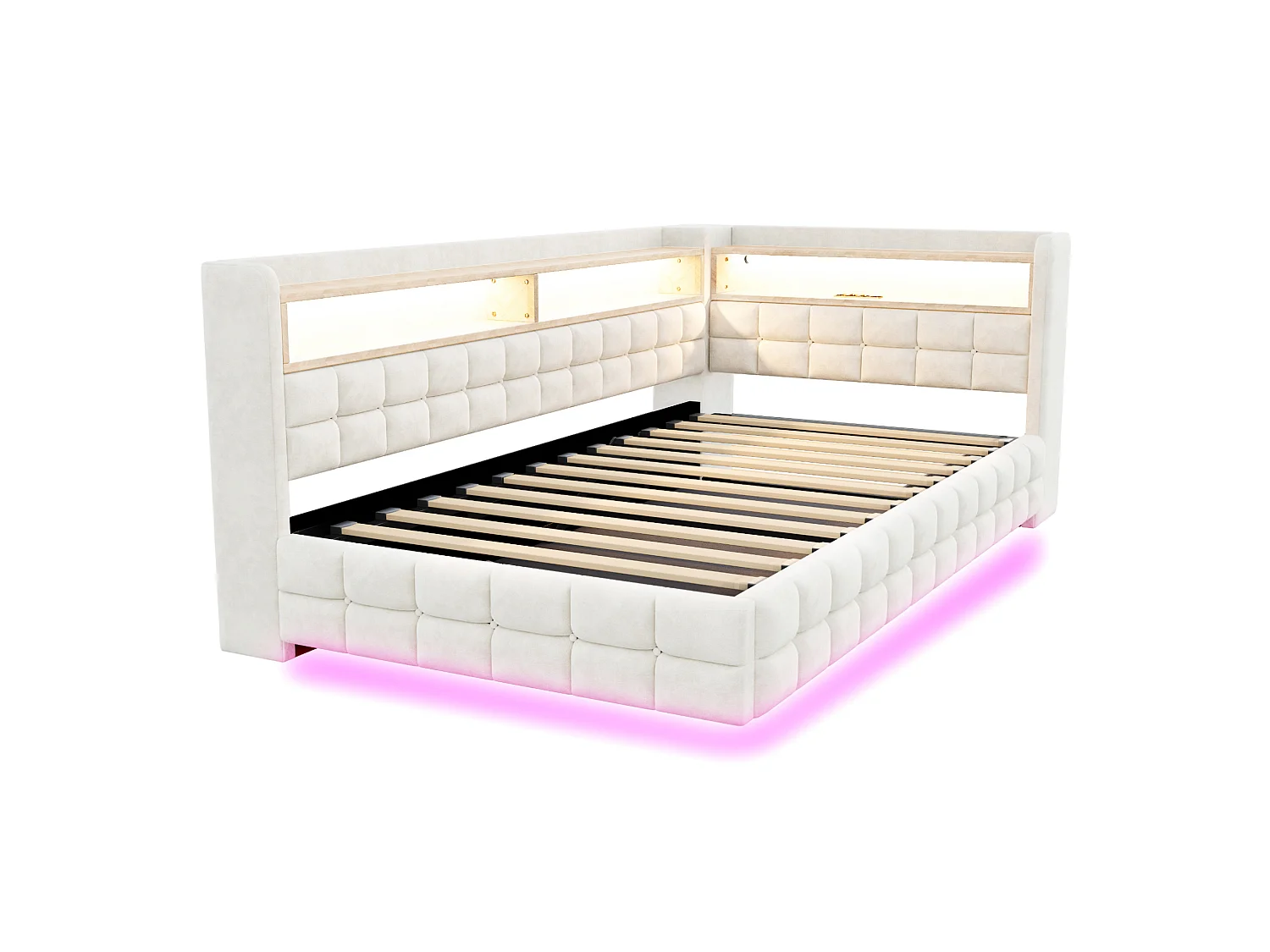 Letto contenitore per bambini 90x200 cm in velluto con illuminazione a LED e presa di corrente - Beige
