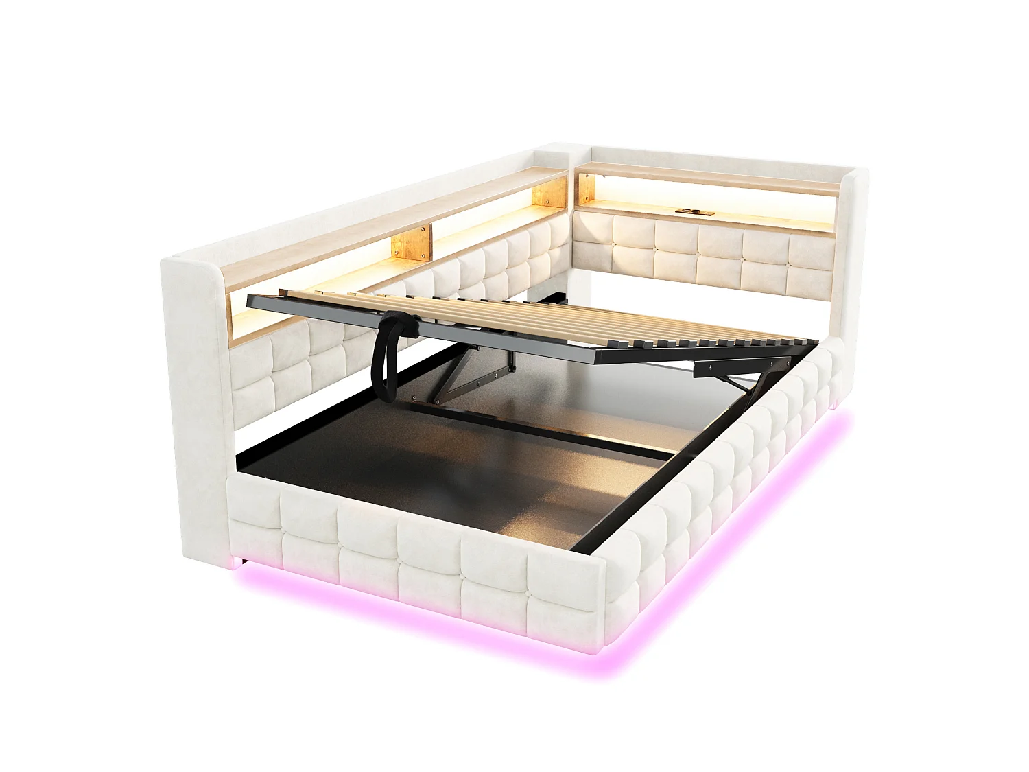Letto contenitore per bambini 90x200 cm in velluto con illuminazione a LED e presa di corrente - Beige