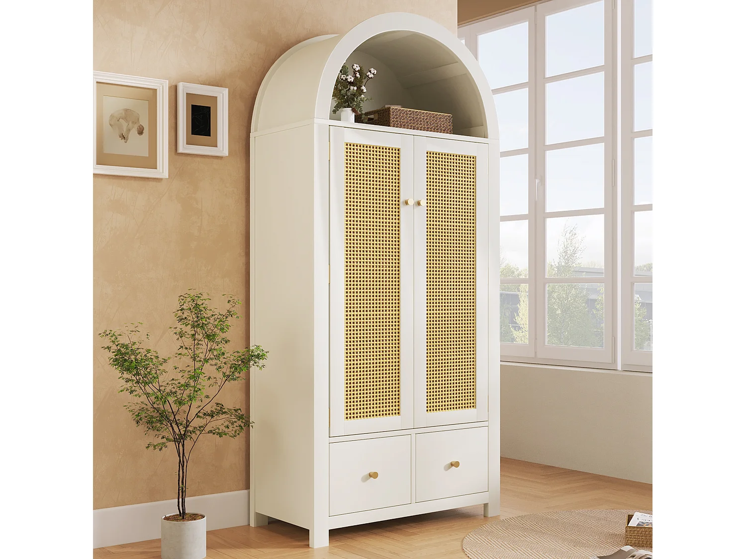 Armoire blanche 181 cm, avec portes en rotin, 2 tiroirs, penderie, design scandinave
