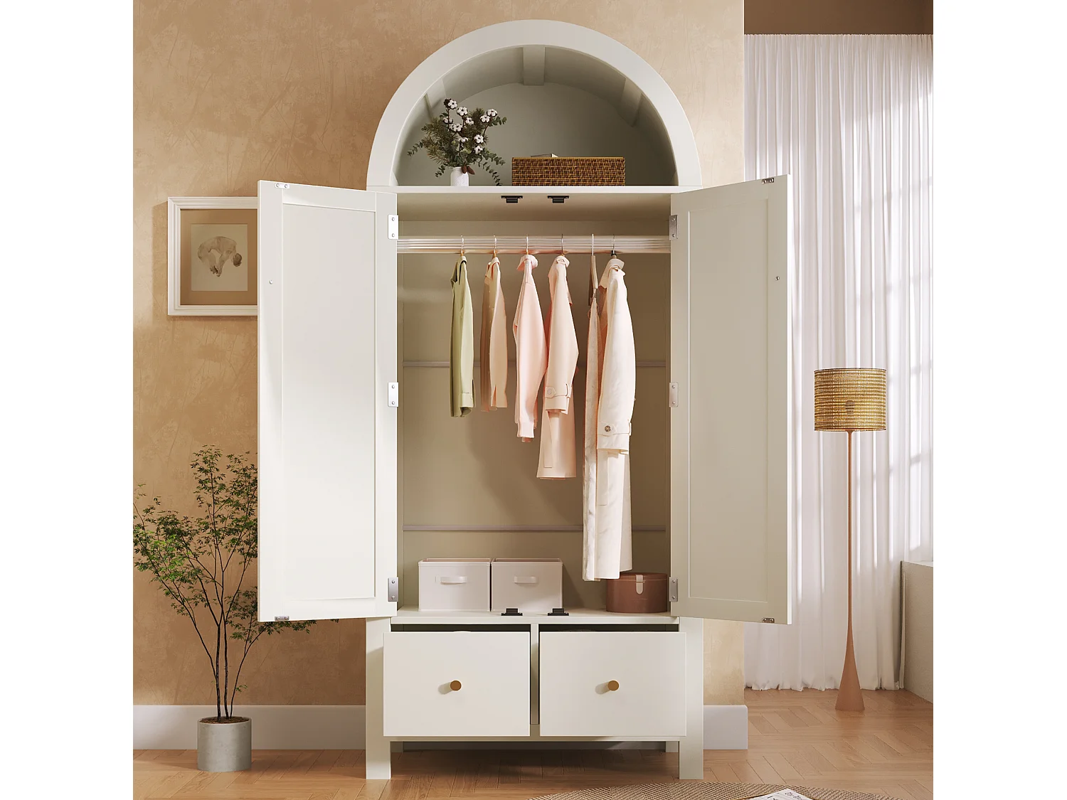 Armoire blanche 181 cm, avec portes en rotin, 2 tiroirs, penderie, design scandinave