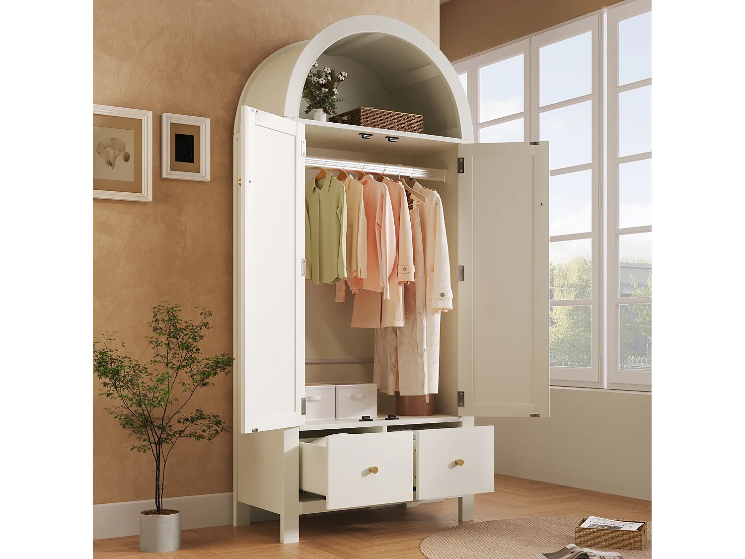Armoire blanche 181 cm, avec portes en rotin, 2 tiroirs, penderie, design scandinave
