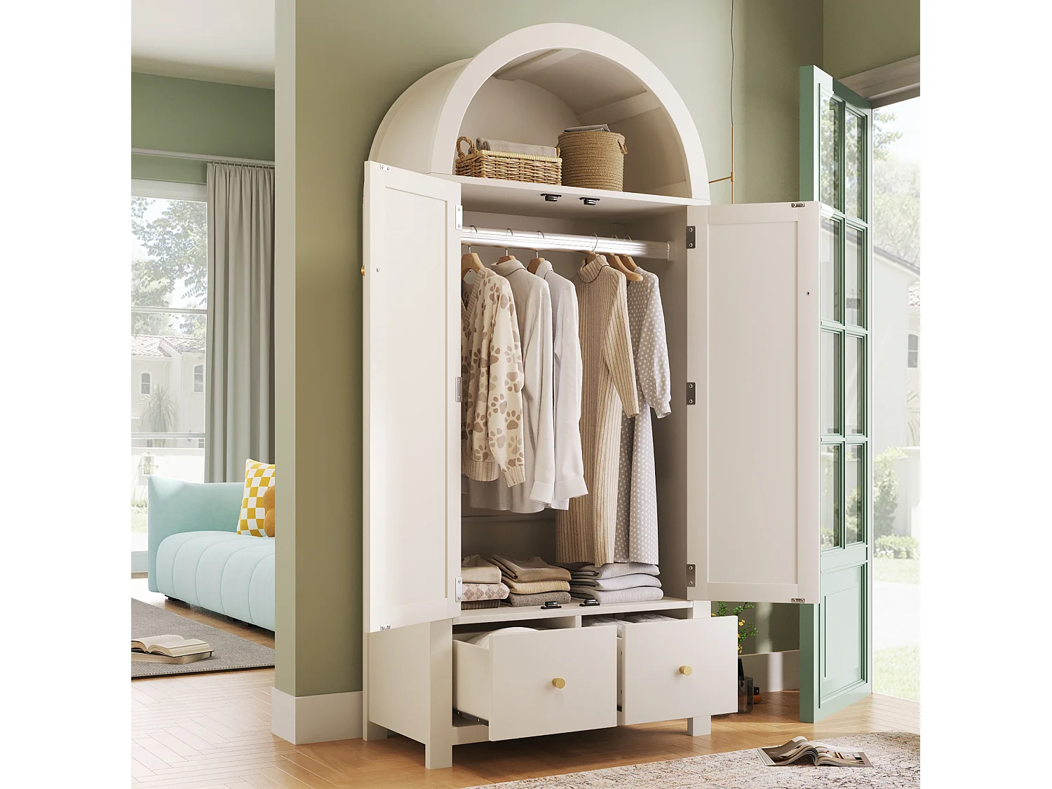 Armoire blanche 181 cm, avec portes en rotin, 2 tiroirs, penderie, design scandinave