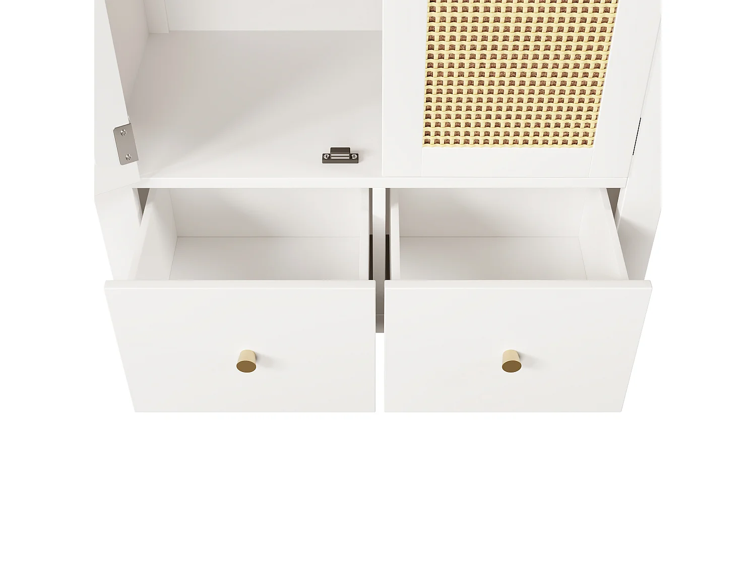 Armoire blanche 181 cm, avec portes en rotin, 2 tiroirs, penderie, design scandinave