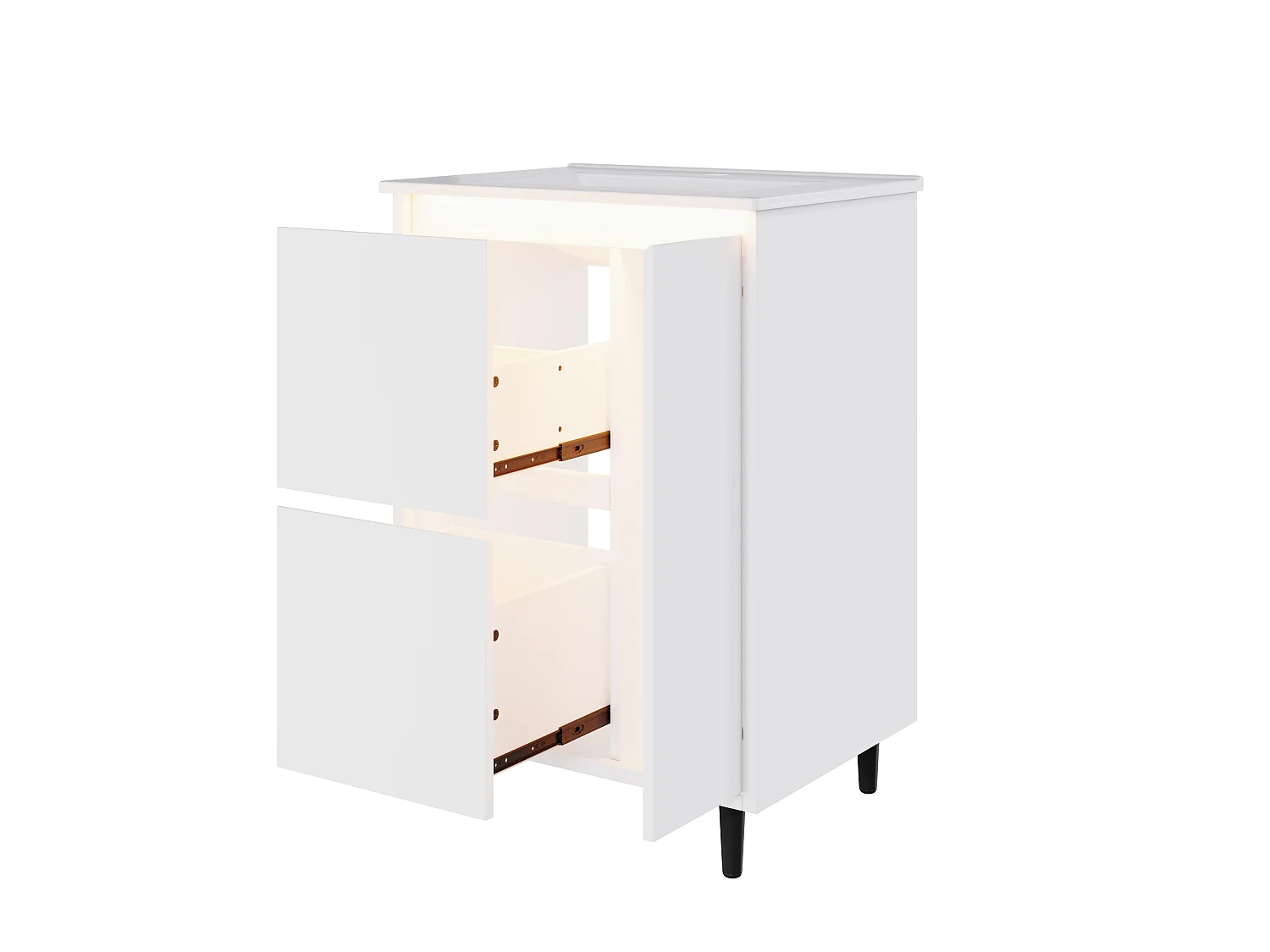 Vrijstaand badkamermeubel van 61 cm met ingebouwde wastafel, LED-verlichting en 2 lades - Wit