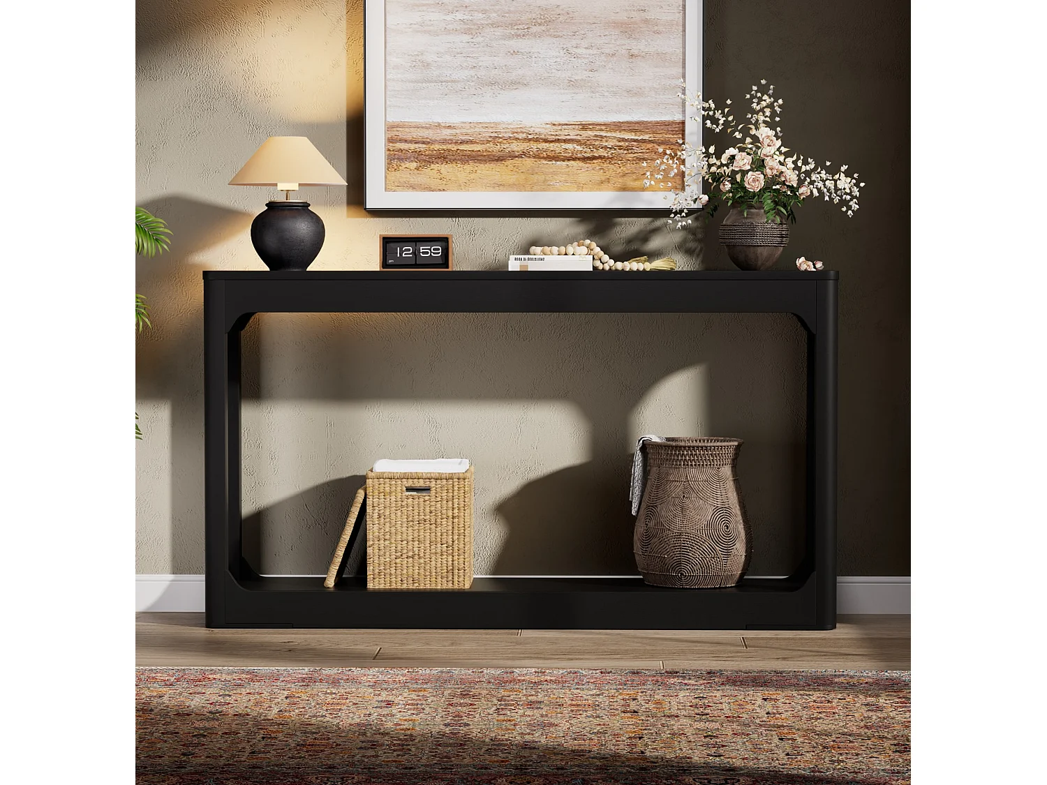 Table console noire 140x30 cm avec rangement - Style moderne