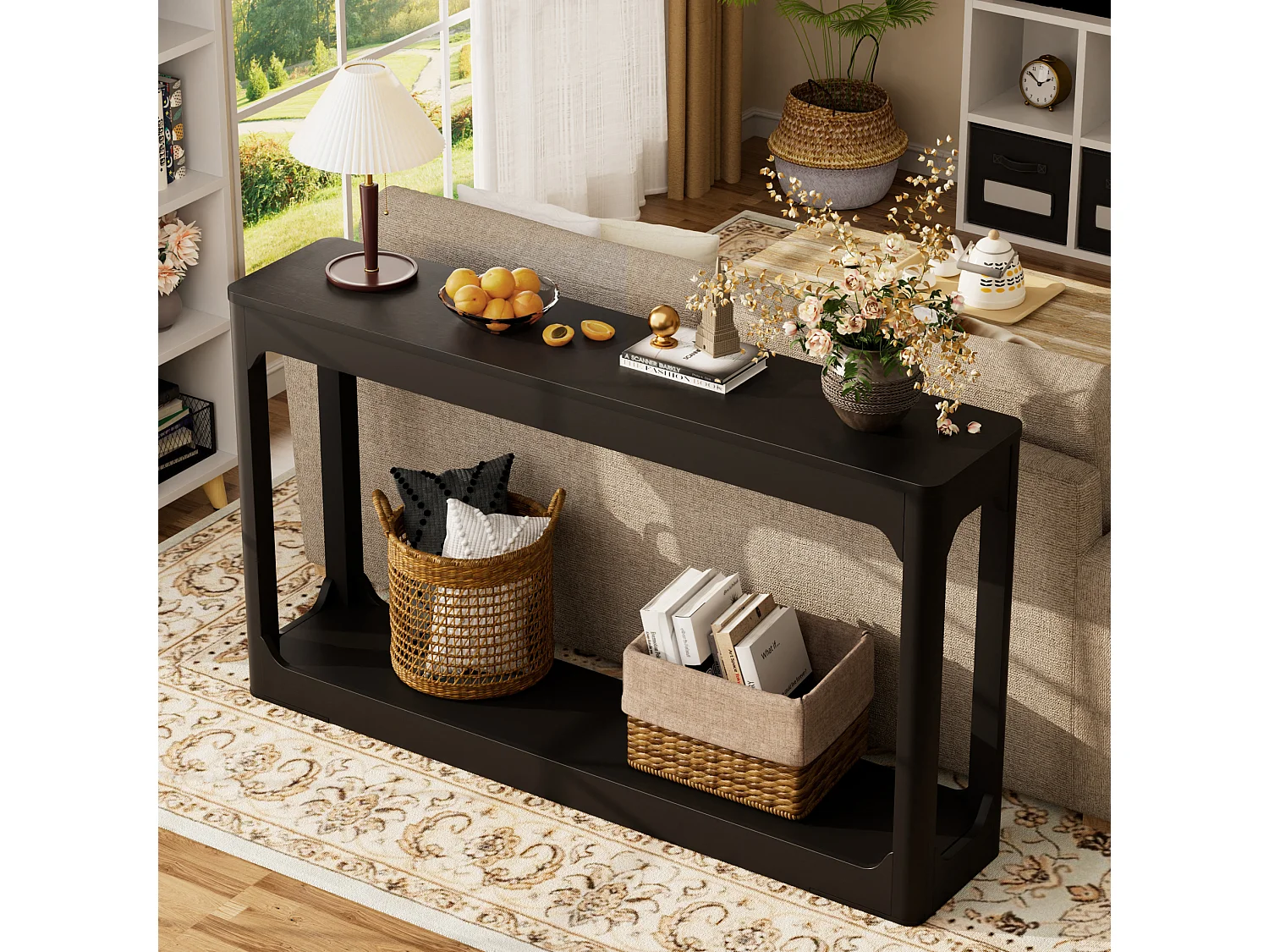 Table console noire 140x30 cm avec rangement - Style moderne