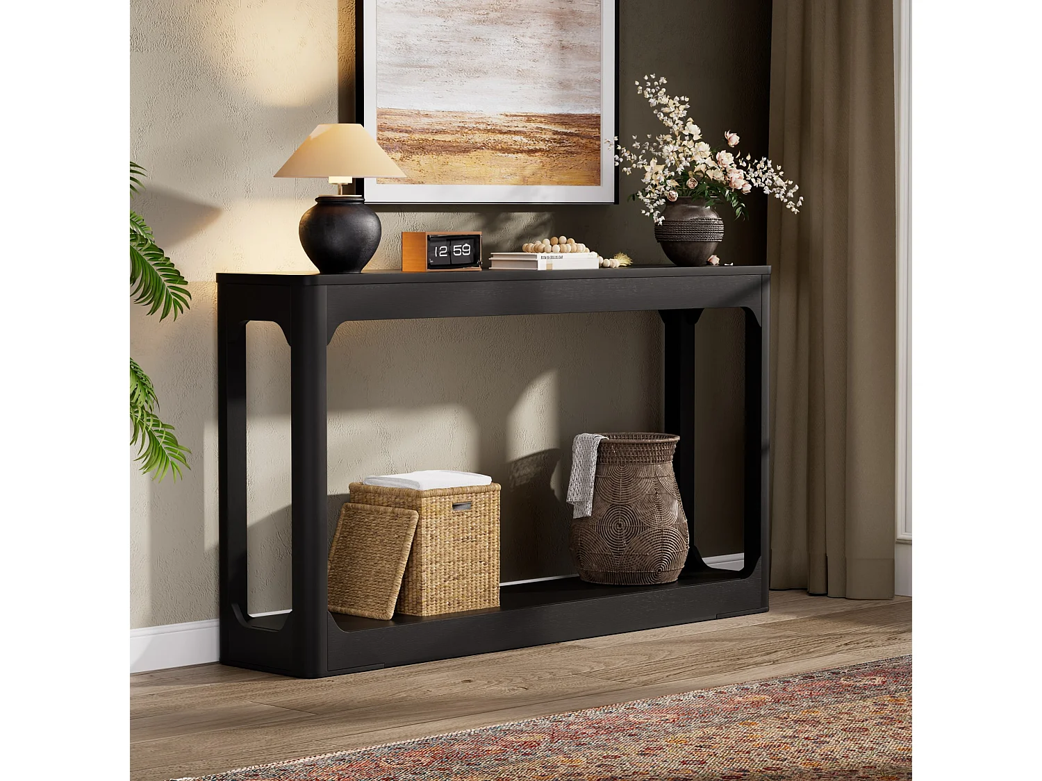 Table console noire 140x30 cm avec rangement - Style moderne