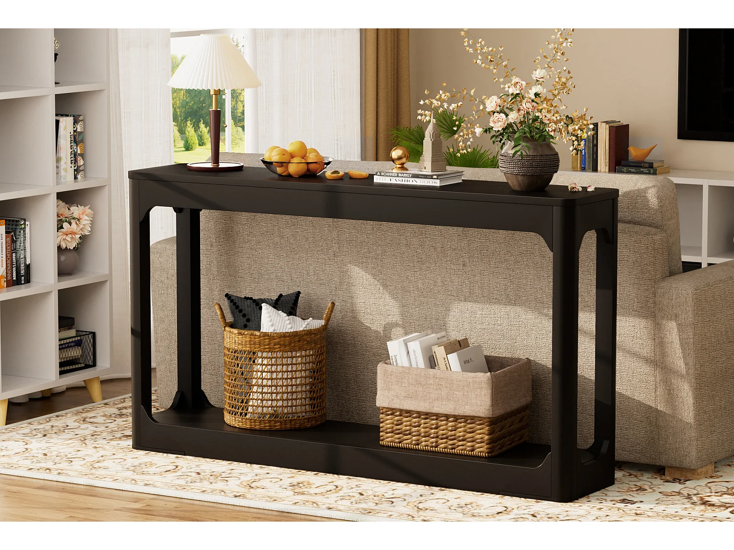 Table console noire 140x30 cm avec rangement - Style moderne