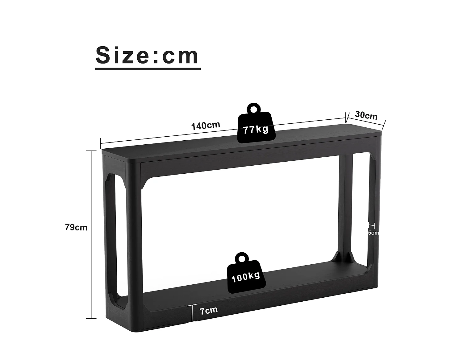 Table console noire 140x30 cm avec rangement - Style moderne