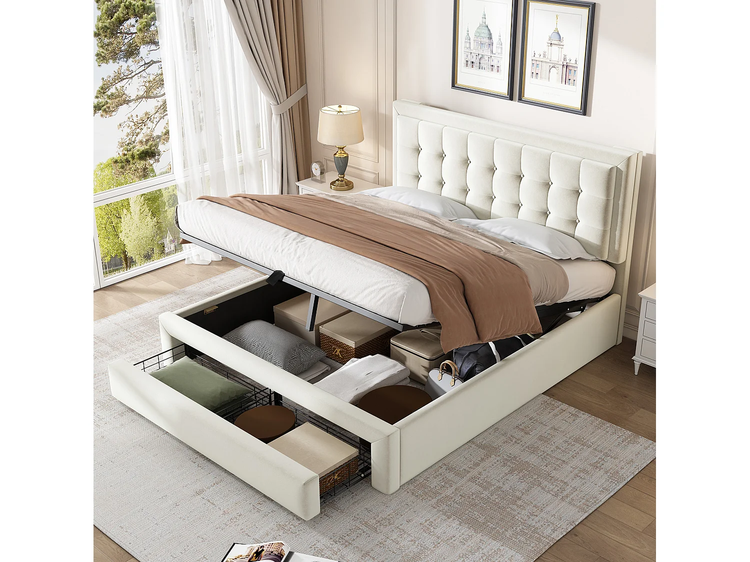 Lit coffre 140x200 velours beige, tête capitonnée, 2 tiroirs, sommier lattes, lit double