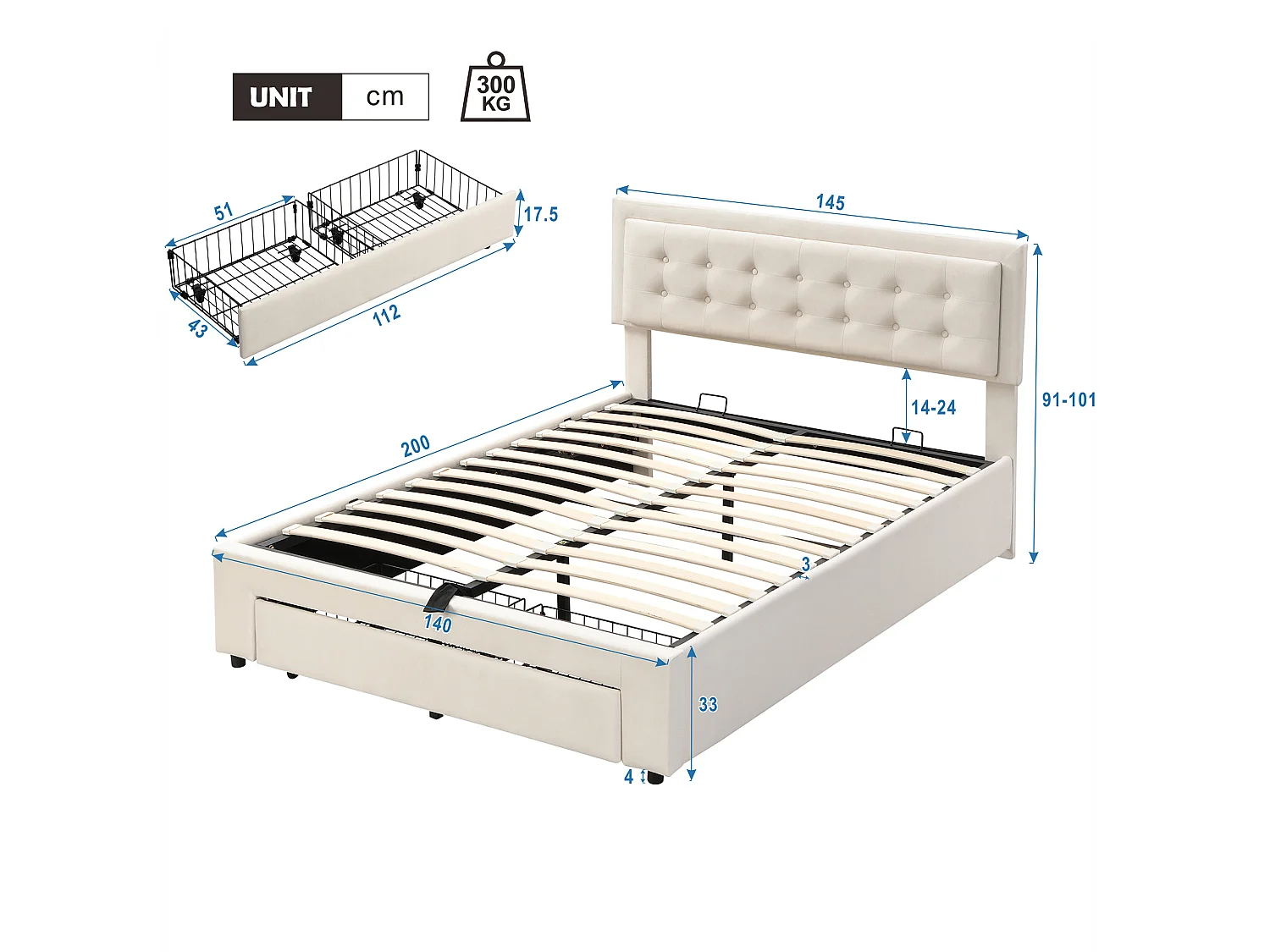 Lit coffre 140x200 velours beige, tête capitonnée, 2 tiroirs, sommier lattes, lit double
