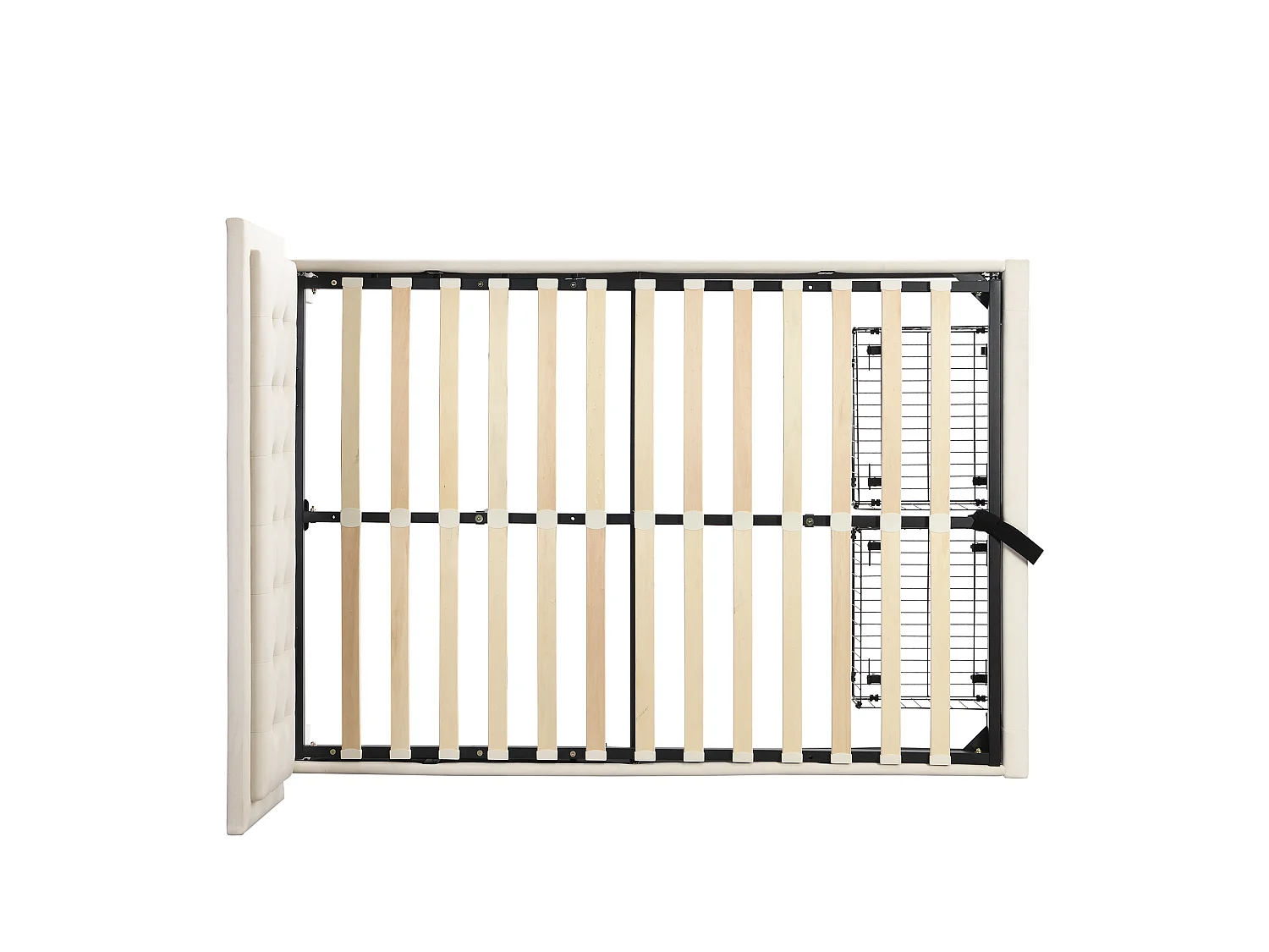 Lit coffre 140x200 velours beige, tête capitonnée, 2 tiroirs, sommier lattes, lit double