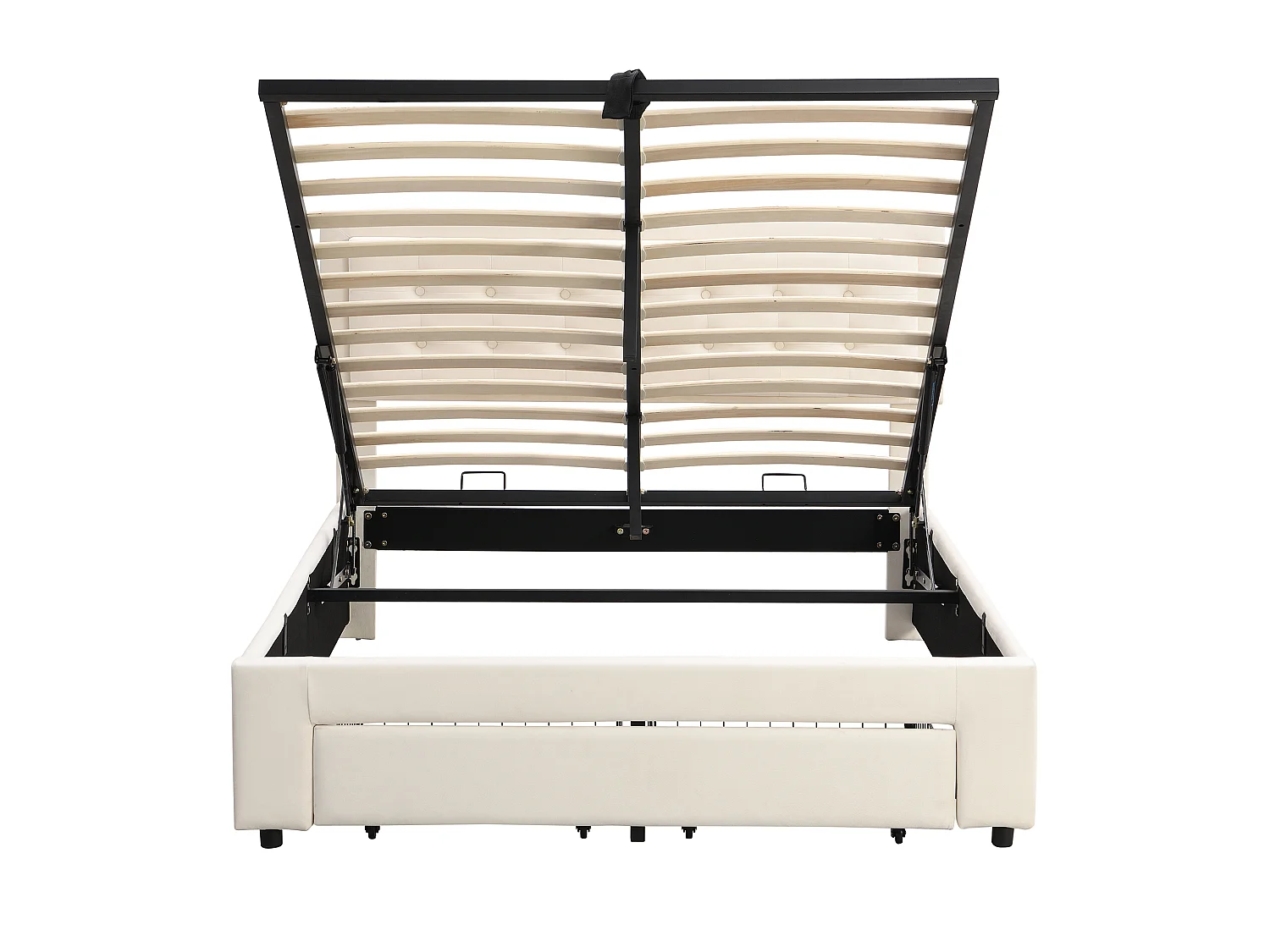 Lit coffre 140x200 velours beige, tête capitonnée, 2 tiroirs, sommier lattes, lit double